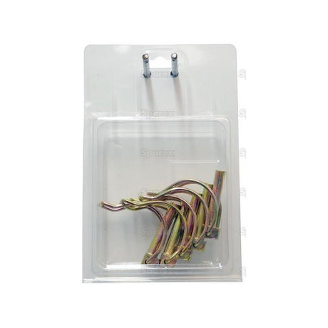 A package from Sparex, labeled as part number S.56680 and named "Pipe Linch Pin, Pin Ø8mm x 45mm (5 pcs. Agripak)," contains several metallic pins in various bent shapes, sealed in clear plastic, with a small hanging hook at the top.