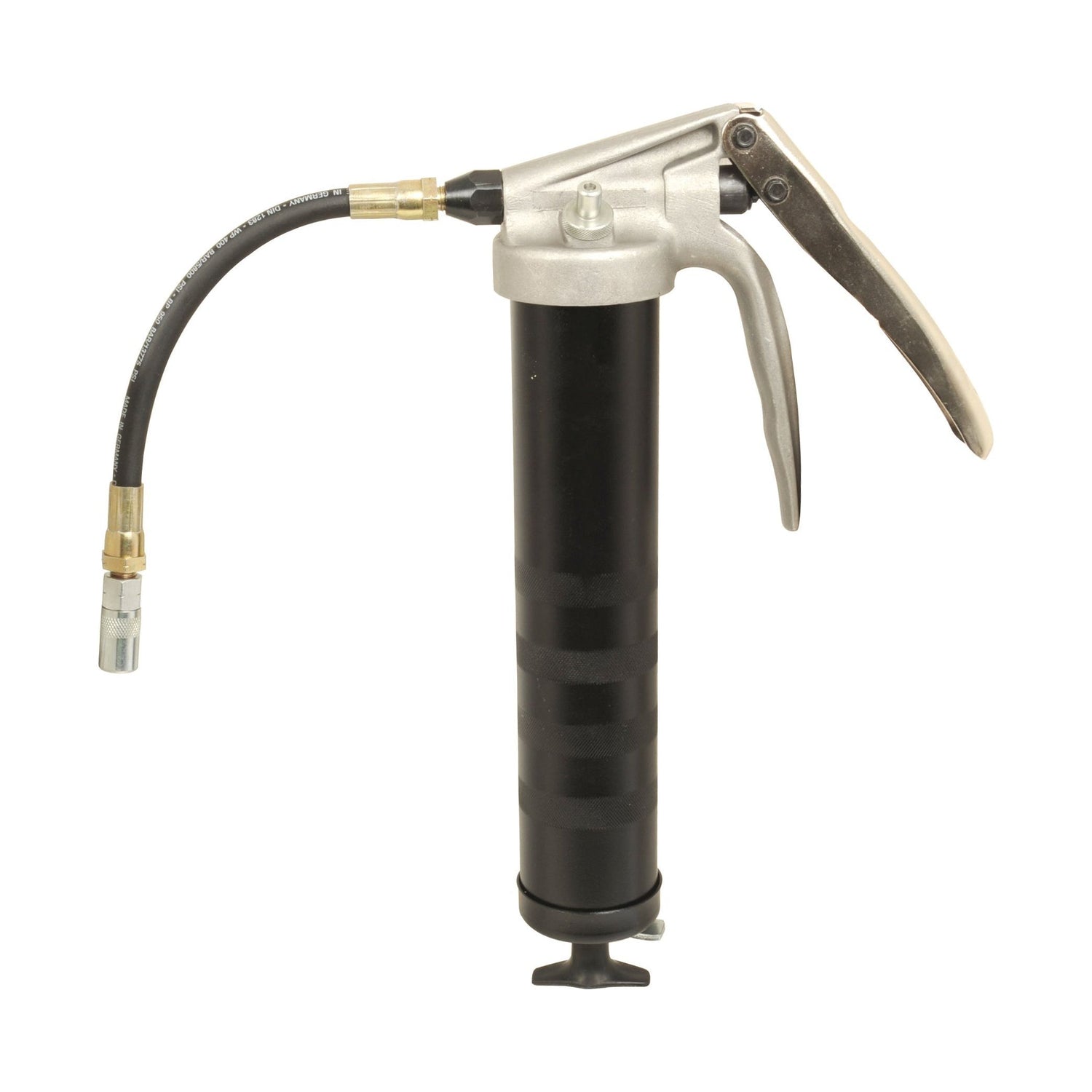 The Sparex Pistol Grip Grease Gun - S.25453 is a high-pressure tool featuring a black and silver design, complete with a flexible extension hose and metal nozzle.