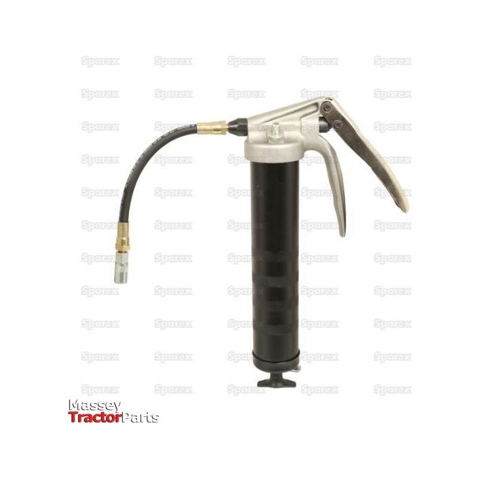 A Sparex Pistol Grip Grease Gun - S.25453 with a metal handle, flexible extension hose, and a nozzle at the end is displayed against a white background with faint text. The logo "Massey Tractor Parts" is present at the bottom left. This grease gun is capable of delivering high pressure up to 500 psi.