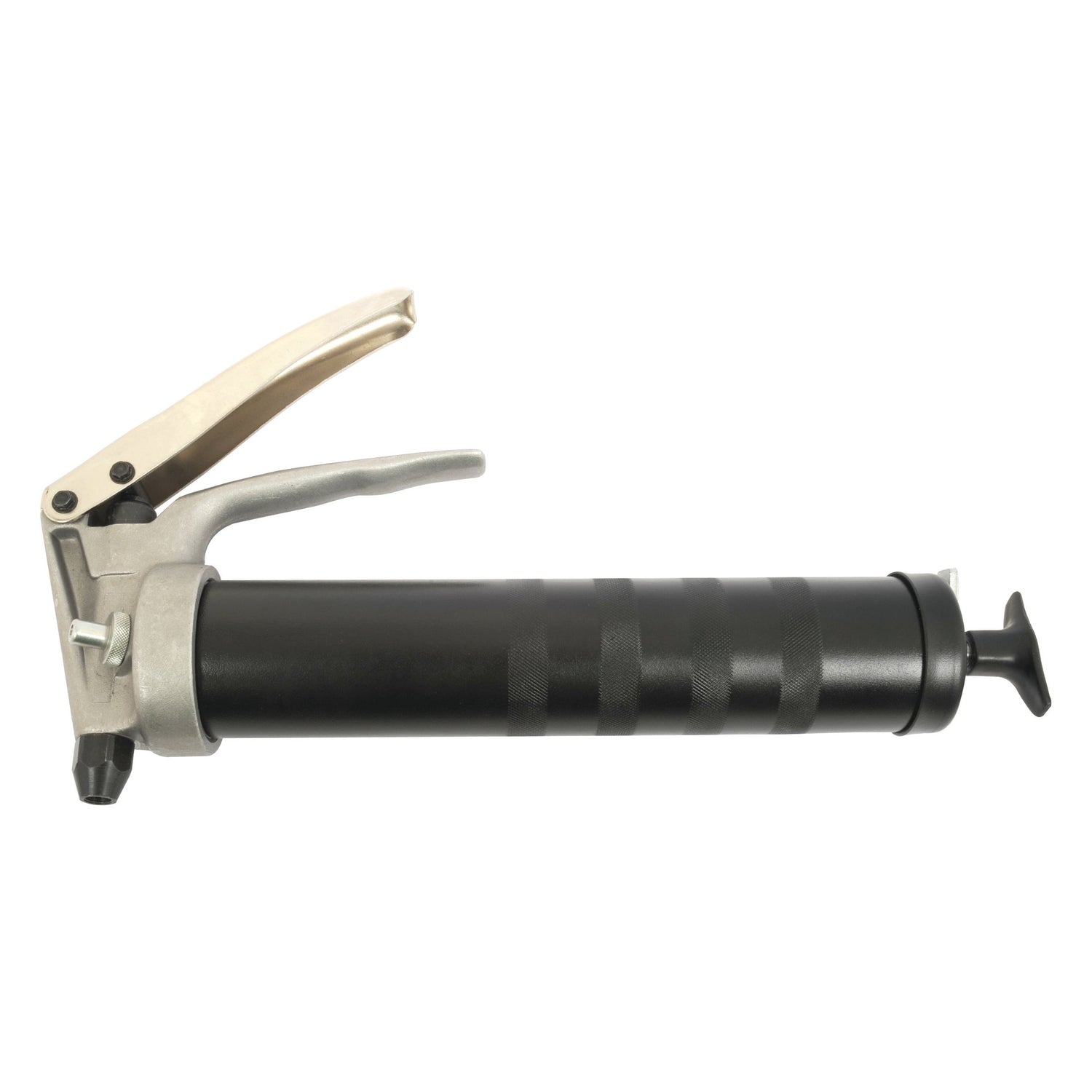 The Sparex Pistol Grip Grease Gun - S.25453 is a black, hand-operated device featuring a silver lever handle, equipped with a flexible extension and a nozzle at one end, capable of delivering up to 500 psi.