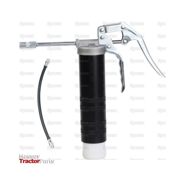 Image of the Sparex Pistol type Grease Gun for Spin On Cartridge (S.153714), showcasing a black cylindrical body and metal handle, equipped with an attached flexible hose and a professional 4 jaw coupler. This grease gun is designed for lubrication tasks.