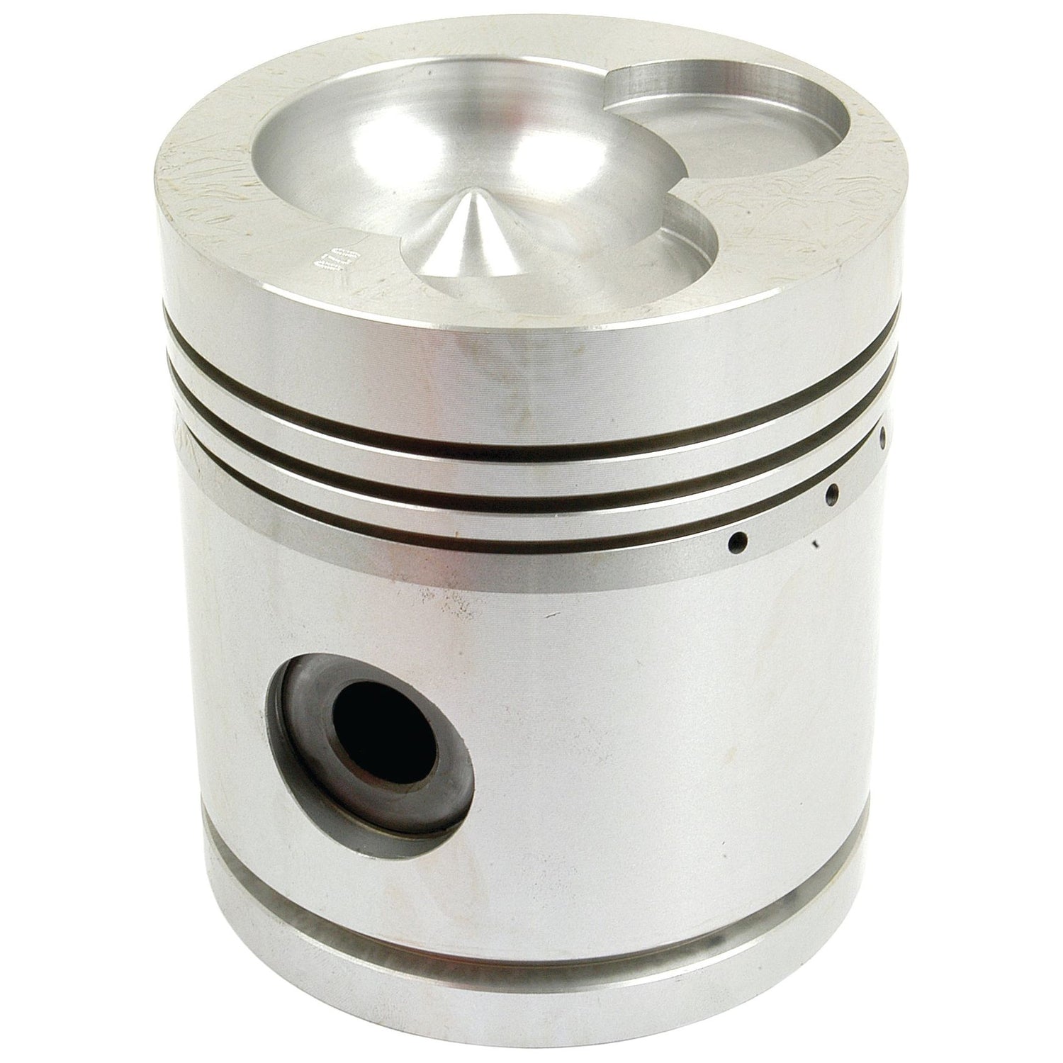 A close-up image of the Sparex Piston (0.020'') - S.57511, featuring its cylindrical shape, grooved rings around its circumference, and a round hole on the side, showcasing its specific bore diameter.