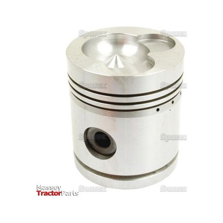 A close-up of a shiny metallic Piston (0.020'') - S.57511 with three grooves, a round hole on its side, and precise compression height measurements. The background is plain white with faint "Sparex" watermarks and a "Massey Tractor Parts" logo at the bottom left.