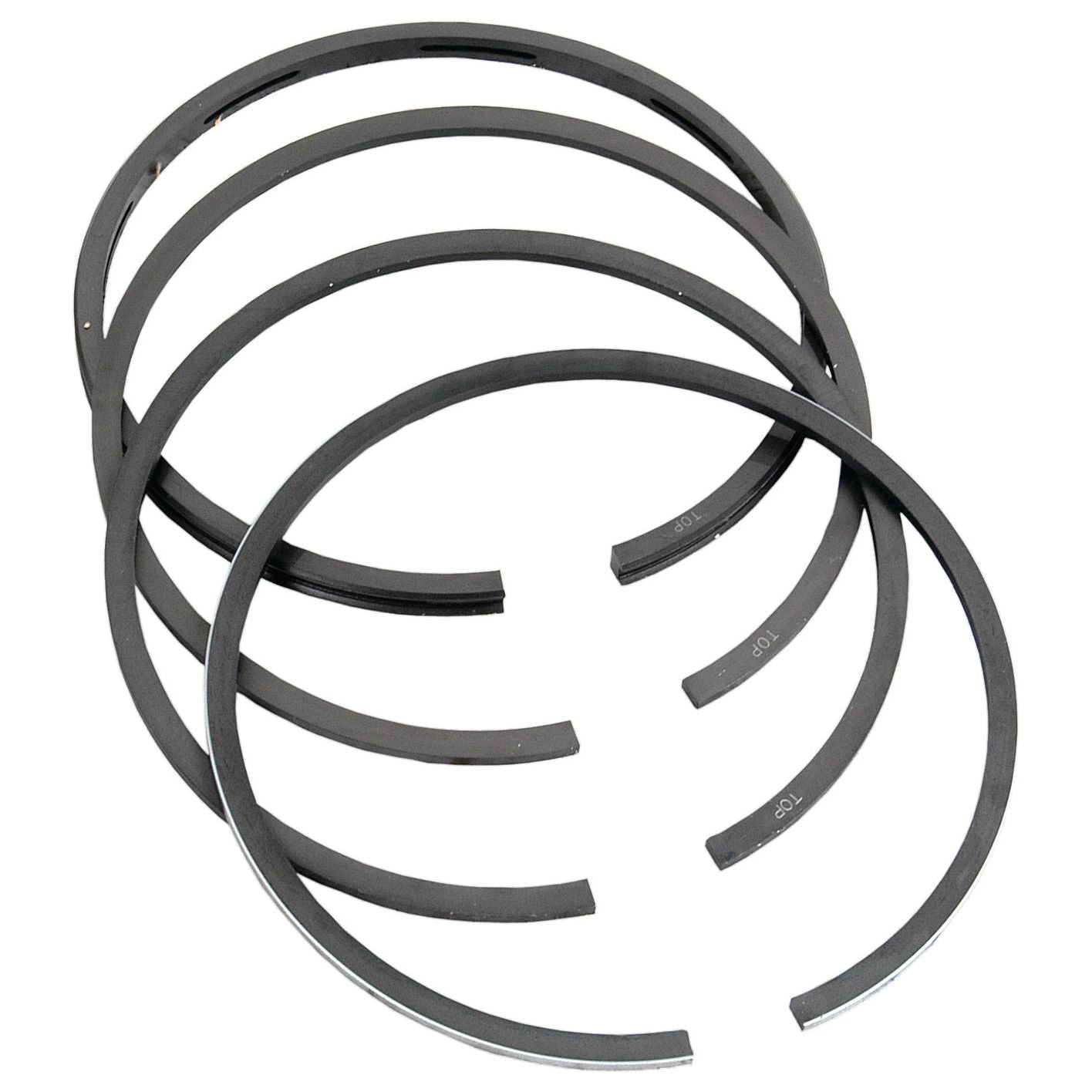 Four black piston rings from the Sparex Piston Ring +0.040'' (1mm) set (Sparex Part No.S.57510) are arranged in a partially overlapping manner against a white background.