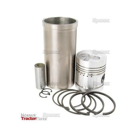 A Piston Ring and Liner Kit featuring a cylindrical liner, piston, piston rings, pin, and retaining clips. The image highlights the Massey Tractor Parts logo and Sparex watermark. Perfect for those seeking a reliable solution like the Piston Ring and Liner Kit | Sparex Part No.S.41943 for their Massey Ferguson tractors.