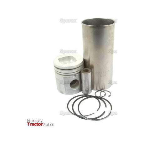 A Piston Ring and Liner Kit (Sparex Part No.S.30039) with a cylinder liner, piston, wrist pin, and piston rings is displayed against a white background. The text "Massey Tractor Parts" is visible at the bottom left corner. Ideal for Perkins or Massey Ferguson models.