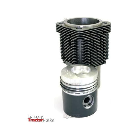 Piston Ring and Liner Kit for a Massey Ferguson tractor (Sparex Part No. S.37777), highlighting the intricate finned cylinder design and the sleek, polished piston beneath. Also compatible with Deutz-Fahr models. Sparex brand logo in the corner.