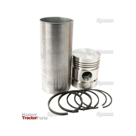 A cylindrical metal piston, its matching liner, and several piston rings are arranged on a white background. The image includes the text "Sparex" and "Massey Tractor Parts." This Piston Ring and Liner Kit (Sparex Part No. S.40444) is compatible with Massey Ferguson and Perkins engines.