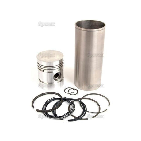 The Sparex Piston Ring and Liner Kit (Part No. S.40446), featuring a piston, cylinder liner, piston rings, and other small components, is neatly arranged on a white background—ideal for maintaining your Massey Ferguson 135.