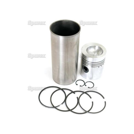 A metallic engine cylinder liner and piston, part of the comprehensive Sparex Piston Ring and Liner Kit (Sparex Part No.S.40447), are displayed alongside several piston rings and C-clips, all on a white background.