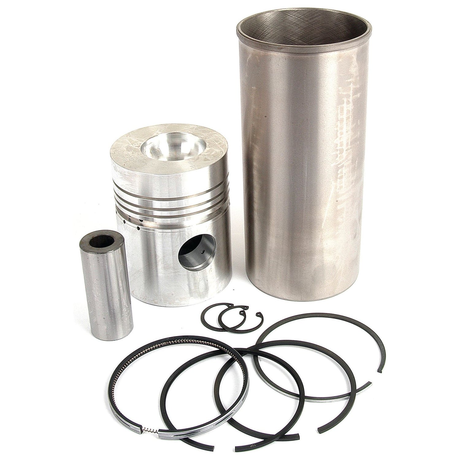 Engine parts, including a Sparex Piston Ring and Liner Kit (Part No.S.40448), a Massey Ferguson piston, and other components from the Perkins Build List, are meticulously arranged against a plain background.