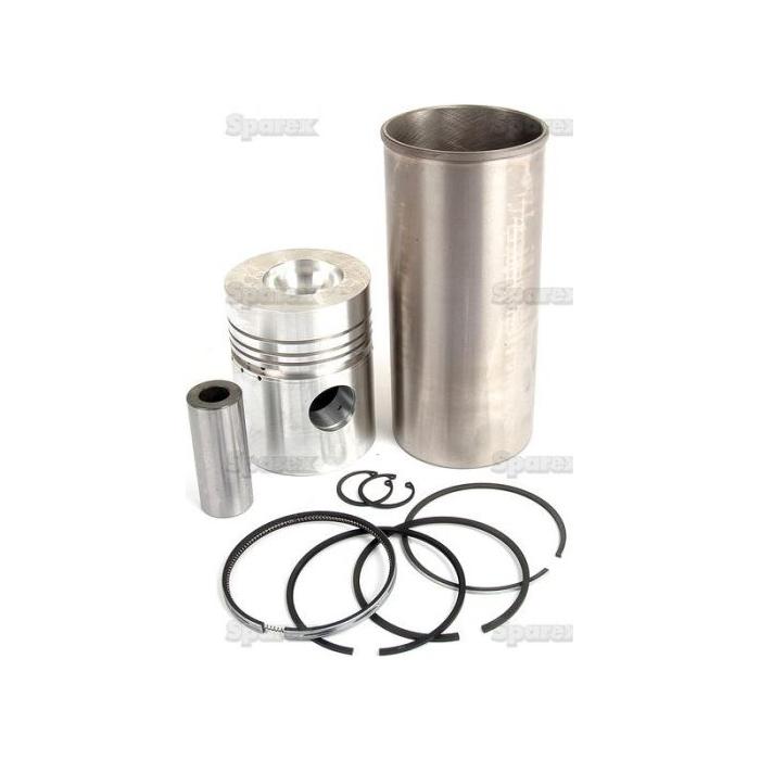 A Piston Ring and Liner Kit (Sparex Part No. S.40448) for a Massey Ferguson, featuring components such as a piston, cylinder sleeve, piston rings, and retaining clips, neatly arranged on a white surface with the Sparex branding prominently displayed.