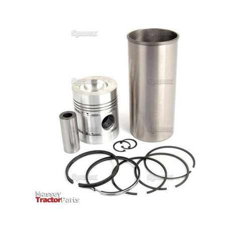 A Piston Ring and Liner Kit (Sparex Part No. S.40450) from Sparex, including a sleeve, piston, rings, wrist pin, and clips arranged on a white background. The image features the text "Massey Tractor Parts" and is ideal for those maintaining Perkins Engines or Massey Ferguson tractors.
