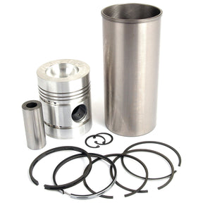 The Piston Ring and Liner Kit (Sparex Part No. S.40450) for Landini Massey Ferguson tractors, by Sparex, includes a piston, piston pin, cylinder liner, piston rings, and retaining clips arranged on a white background. Perfectly designed engine parts ensure optimal performance and reliability.