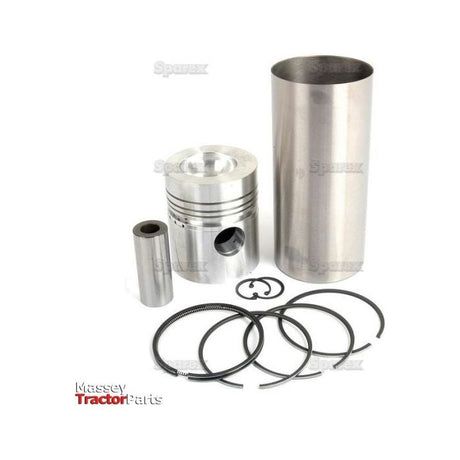 A Sparex Piston Ring and Liner Kit (Part No. S.40451) featuring a piston, connecting pin, cylinder sleeve, piston rings, and gaskets is displayed against a white background with the "Massey Tractor Parts" logo in the bottom left corner. Suitable for models like Massey Ferguson 175 and Allis Chalmers 175.