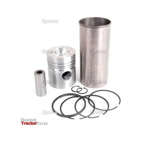 Piston Ring and Liner Kit | Sparex Part No.S.40452, consisting of rings, piston, cylinder liner, and related components arranged on a white background. "Massey Tractor Parts" logo in the bottom left corner. Suitable for Perkins engines and compatible with Sparex parts.