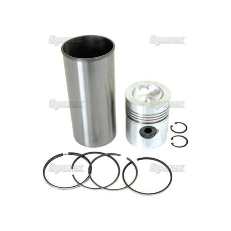 An Inlet Valve (Sparex Part No.S.40457) along with a cylindrical metal sleeve, a piston, piston rings, and other small circular components from a 4 Cyl Diesel Engine are arranged on a white surface.