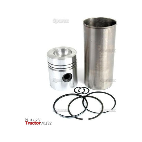 A piston assembly featuring a metallic piston, cylinder sleeve, and piston rings. Displayed against a plain white background with "Massey Tractor Parts" branding in the corner, this setup is part of our Piston Ring and Liner Kit | Sparex Part No. S.41595 from Sparex.