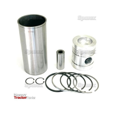A set of tractor engine parts, including a cylinder sleeve, piston, piston pin, piston rings, and retaining clips, laid out on a plain white background. This comprehensive Sparex Piston Ring and Liner Kit (Sparex Part No.S.41939) is ideal for your Perkins Build List needs.