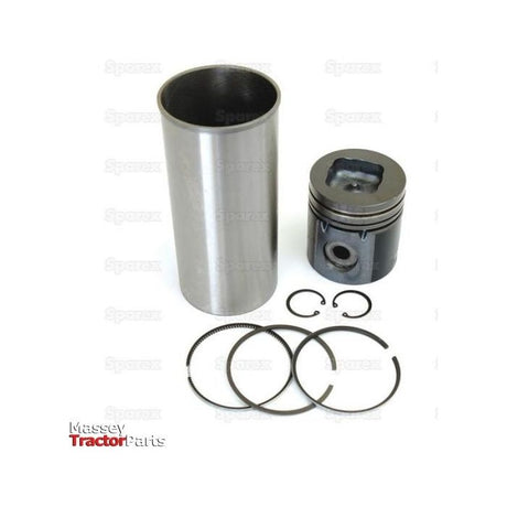 A Piston Ring and Liner Kit (Sparex Part No.S.42737), featuring a cylinder liner, piston, piston rings, and retaining clips set against a white background with the "Massey Tractor Parts" logo in the corner. This Piston Ring and Liner Kit by Sparex for Massey Ferguson tractors boasts a precise bore of 100mm for optimal performance.