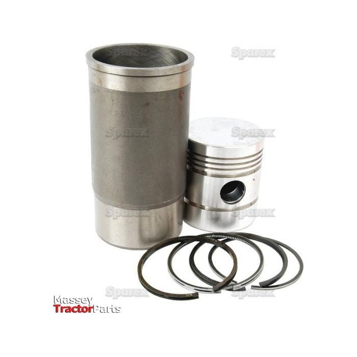 A metal cylinder liner, a piston, and five piston rings from the Piston Ring and Liner Kit (Sparex Part No.S.57846) are arranged on a white surface with logos of Massey Tractor Parts, Sparex, and International Harvester visible in the background.