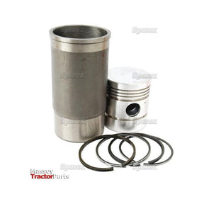 A metal cylinder liner, a piston, and five piston rings from the Piston Ring and Liner Kit (Sparex Part No.S.57846) are arranged on a white surface with logos of Massey Tractor Parts, Sparex, and International Harvester visible in the background.