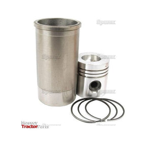 A comprehensive Piston Ring and Liner Kit (Sparex Part No. S.57851) is displayed, featuring a silver metal cylinder, a piston, and three piston rings. The background showcases faint "Sparex" branding, with "Massey Tractor Parts" written at the bottom left.