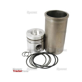 A piston, piston rings, and a cylinder liner from the Sparex Piston Ring and Liner Kit (Part No. S.57852) are arranged against a plain white background. The components are metallic and appear new, showcasing the high-quality craftsmanship associated with Sparex products.