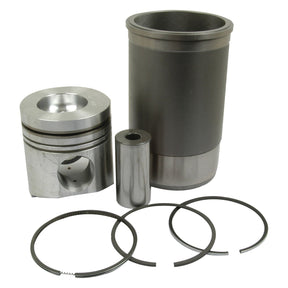 Image of the Piston Ring and Liner Kit (Sparex Part No.S.58846) by Sparex, featuring a metallic piston, cylinder sleeve, wrist pin, and three John Deere piston rings.