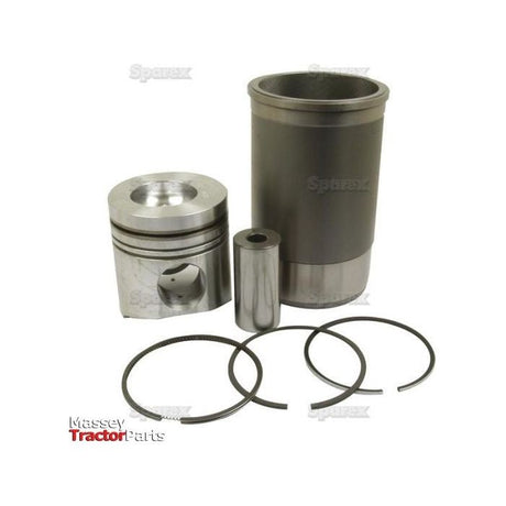 A Sparex Piston Ring and Liner Kit (Sparex Part No. S.58846) for a John Deere tractor engine, featuring a cylinder liner, piston, piston pin, and several piston rings arranged on a white background.