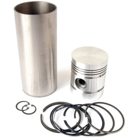 A Piston Ring and Liner Kit, featuring a piston, cylinder sleeve, and various metal rings and clips from Sparex (Part No. S.66663), is arranged on a white background.