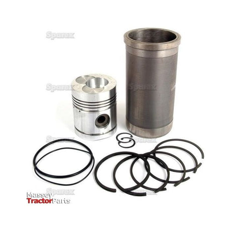 A Sparex Piston Ring and Liner Kit (Part No. S.66727) consisting of a piston, cylinder liner, piston rings, and various small circular components neatly arranged on a white background. Ideal for Ford / New Holland models.