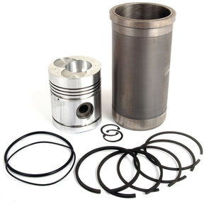 A Piston Ring and Liner Kit, including a piston, piston rings, a cylinder liner, and various seals and clips placed on a white background. The Sparex Piston Ring and Liner Kit (Part No. S.66727) is ideal for Ford/New Holland engines and features high-quality parts sourced from Sparex.