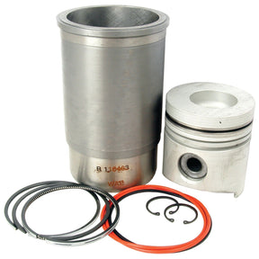 A Piston Ring and Liner Kit (Sparex Part No. S.72163) from the Sparex brand, featuring a piston, cylinder sleeve, piston rings, and O-rings, is displayed on a white background, showcasing parts typically used in John Deere internal combustion engines.