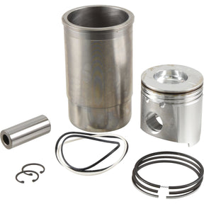 A high-quality Piston Ring and Liner Kit by Sparex, including a piston, piston rings, cylinder liner, wrist pin, snap rings, and sealing rings (Sparex Part No. S.72164), is displayed on a white background—perfect for your John Deere machinery.

