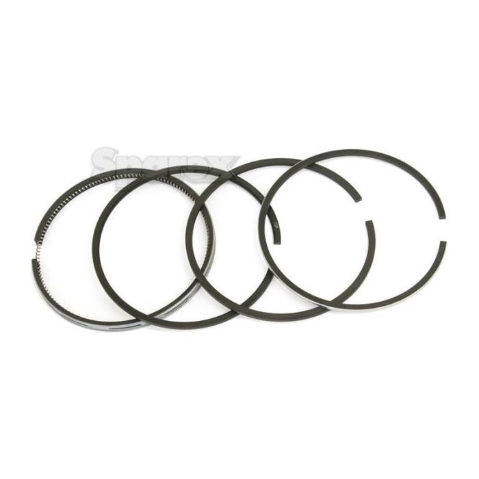 Four black piston rings, displayed horizontally on a white background, emphasize the precision and high quality of the Sparex Piston Ring | Sparex Part No.S.40420 — an ideal choice for Massey Ferguson and Perkins engines.