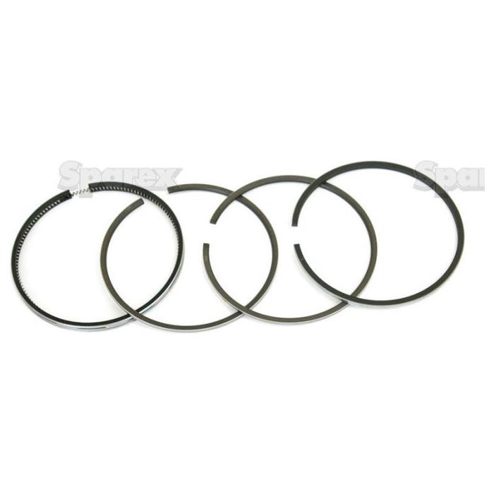 Four chrome-plated metal piston rings of different designs are laid out in a row on a white background, forming a precise ring set that could fit perfectly within Massey Ferguson machinery, specifically the Piston Ring | Sparex Part No.S.40428 by Sparex.
