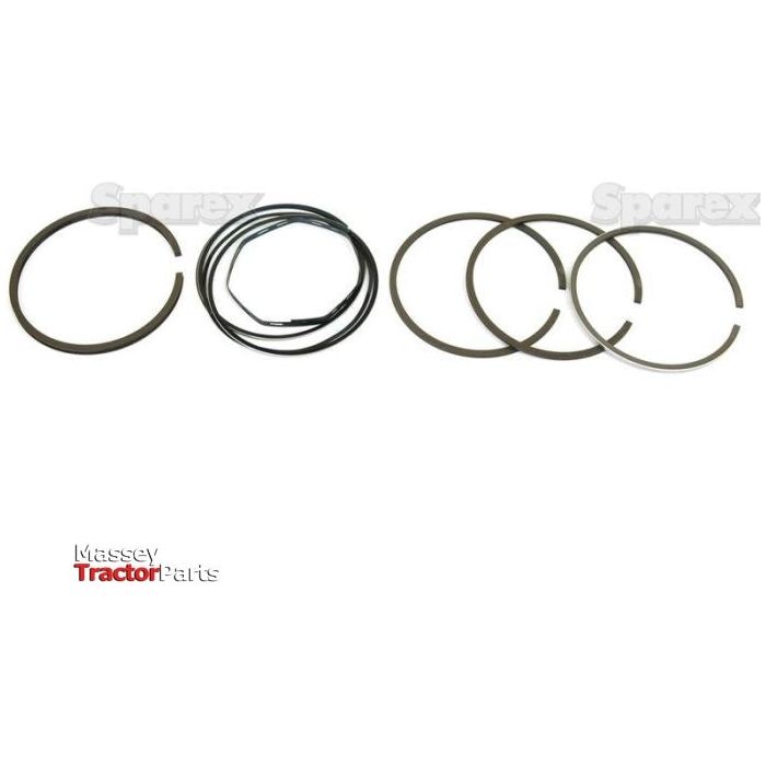 A set of piston rings from Sparex, including a chrome plated parallel faced ring set, laid out with two rings on the left, a coiled wire in the center, and four rings on the right. The image prominently features the Sparex logo and highlights Massey Tractor Parts. Model: Piston Ring | Sparex Part No.S.42136.