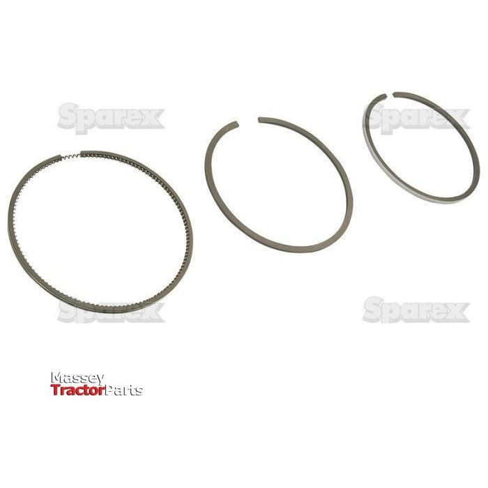 Three circular rings of different sizes, likely engine parts, are displayed against a plain white background. The image features "Sparex" and "Massey Tractor Parts" watermarks. This chrome-plated Piston Ring set (Sparex Part No.S.43267) is a testament to quality craftsmanship from the Sparex brand.