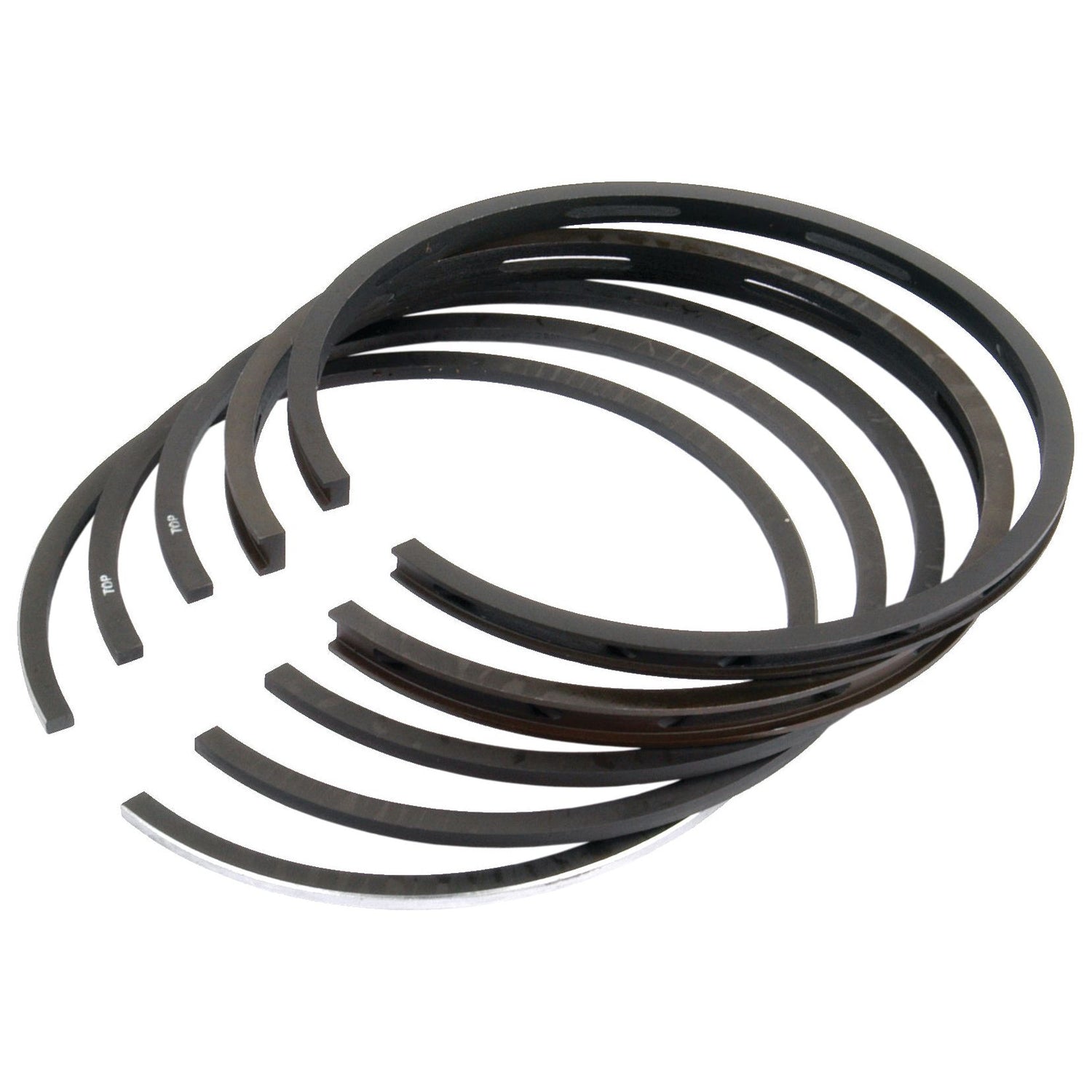 Close-up view of Sparex Piston Ring set (Part No. S.52614), featuring chrome-plated rings arranged in a semi-circular stack against a white background.