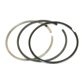 Three metallic piston rings of varying sizes and designs, part of the high-quality Piston Ring | Sparex Part No.S.57489 set by Sparex, are arranged on a plain white background.