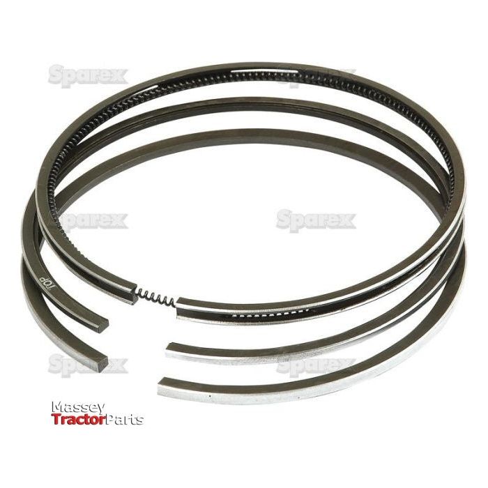 A set of three chrome-plated Piston Rings, each with a gap, arranged concentrically. The background has faint "Sparex" and "Massey TractorParts" logos, highlighting their compatibility with Case IH. The product is identified as Sparex Part No.S.57637.