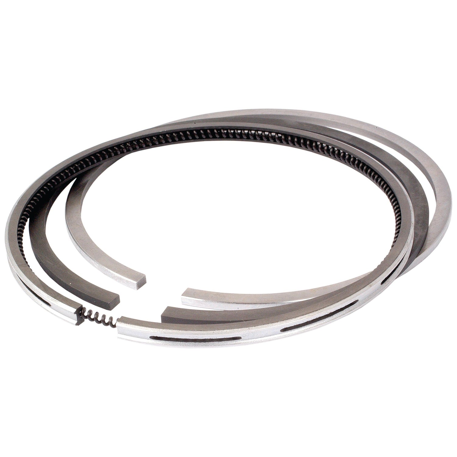 A set of Sparex Piston Ring | Sparex Part No. S.59187, ideal for Long Tractor and Universal Tractors, is displayed with circular shapes and various grooves. The image shows three piston rings in different sizes and configurations.