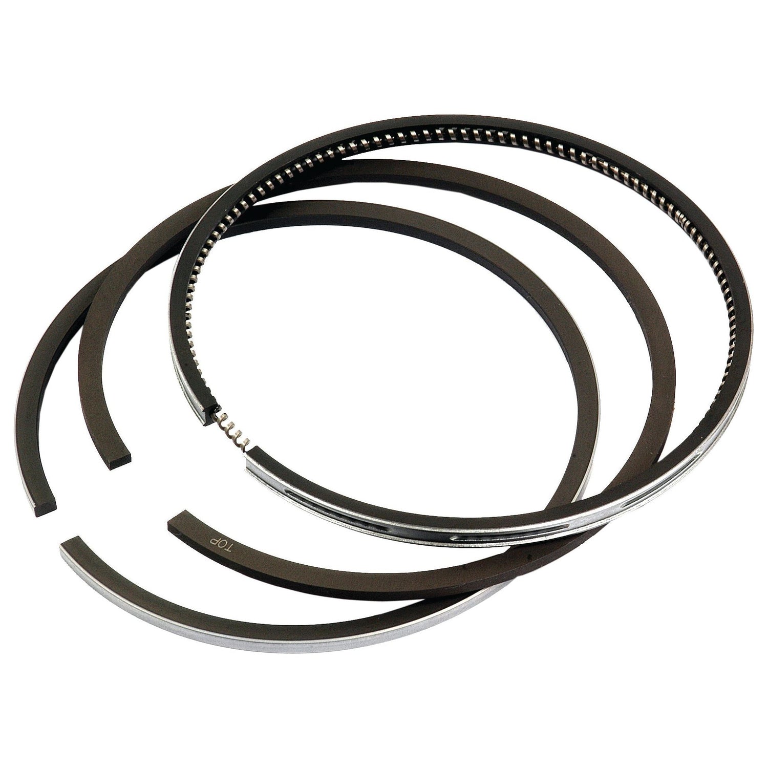 A set of three dark-colored piston rings arranged on a white background, each with a distinct shape and size. The Piston Ring Std. by Sparex (Part No. S.60060) features one ring with a molybdenum-coated keystone design and another with a chrome-plated beveled edge, creating a uniquely diverse ring set.