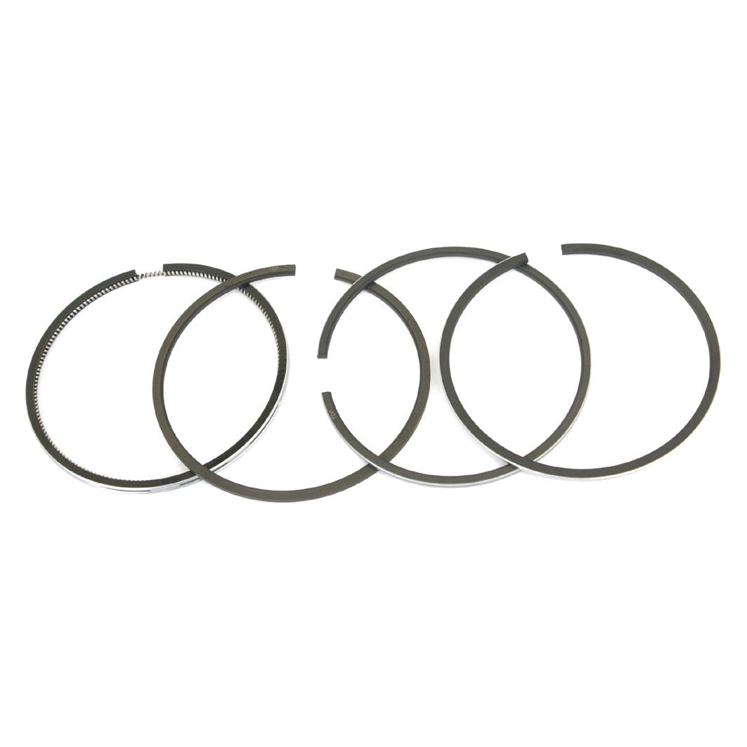 Four black piston rings of varying widths, compatible with Ford/New Holland engines, are arranged in a row on a white background. Each ring is circular and features a small gap, designed to fit a 4.2'' bore engine perfectly. These rings are identified as Sparex Part No.S.65996 from the Sparex brand.