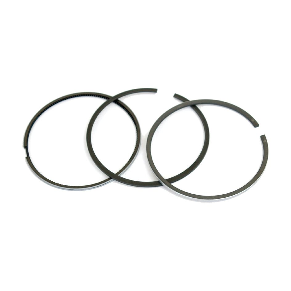 Three black piston rings, including the Piston Ring and Liner Kit by Sparex (Part No. S.72162), displayed against a white background.