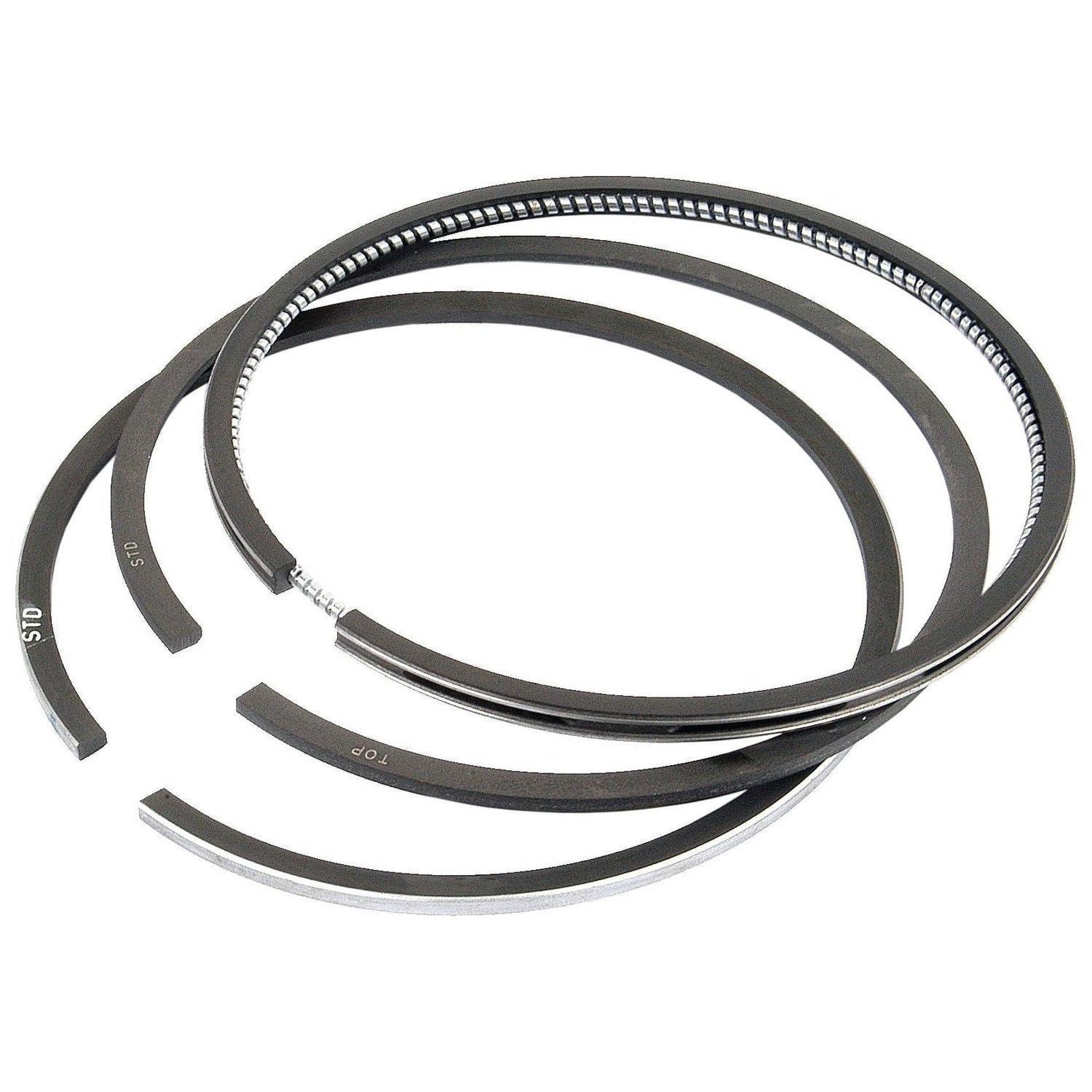 A set of three black Piston Rings Std. (Sparex Part No. S.66526) by Sparex, featuring a chrome-plated top ring, are arranged in a partially overlapping manner on a white background.