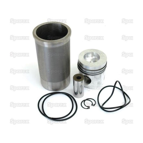 A set of engine parts from Sparex, including a piston with chrome plated rings, a cylindrical sleeve, a pin, and various O-rings, laid out on a white background. Ideal for Case IH / International Harvester enthusiasts seeking quality components. Product Name: Piston Ring and Liner Kit | Sparex Part No.S.37844.