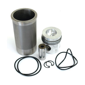 A metal engine cylinder, piston, wrist pin, and various chrome-plated rings from the Sparex Piston Ring and Liner Kit (Sparex Part No.S.37844) are arranged on a white background.