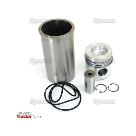 A set of metal engine parts, including a chrome-plated Keystone piston, cylinder sleeve, piston pin, retaining rings, and O-rings for a Case IH / International Harvester engine from the Sparex brand (Piston Ring and Liner Kit | Sparex Part No. S.37845), displayed on a white background.